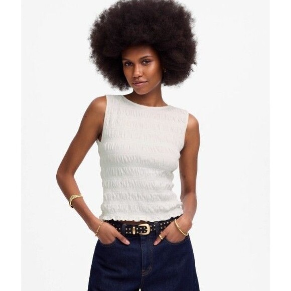 Madewell Tops - Madewell Smocked Boatneck Tank Top Women White Cotton-Linen Blend Size Med